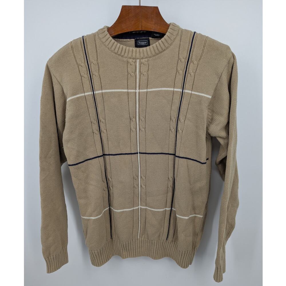 Haggar Mens XL Tan Cotton Crewneck Sweater Cable Knit Striped Vintage 90s